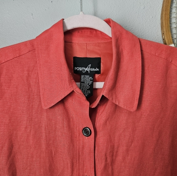 Positive Attitude Vintage Linen Dress Red Orange Button Down Collared Classic 14 - Picture 2 of 6